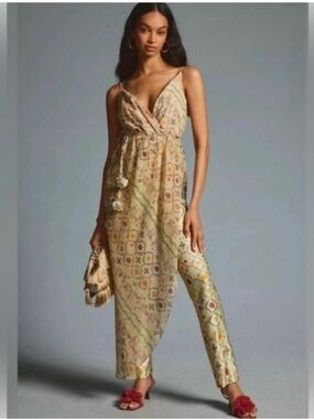 NWT Anthropologie Beige Printed Wrap Jumpsuit with Tie Waist Zunilda Gutierrez